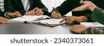 Small photo of Panorama view of company executive sign business contract with business partner and legal adviser in corporate meeting table. Business people negotiating agreement in conference room concept. Prodigy