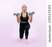 Small photo of Full body length shot active and sporty senior woman lifting dumbbell during weight training workout on isolated background. Healthy active physique and body care lifestyle for pensioner. Clout