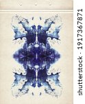 Small photo of Cards of rorschach inkblot test. Blue watercolor symmetric blotch. Abstract painting on old paper. Vintage style.