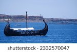 Small photo of Los Cristianos, Tenerife. June 19, 2023. Ragnarok Viking Boat tourist experience in Tenerife. The Viking Adventure Ragnarok experience includes a Viking show, whale and dolphin spotting.