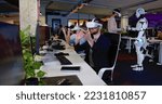 Small photo of Caucasian man in VR glasses moving hands in air. Male in headset having virtual reality experience. Moving hands in air. Futuristic. Augmented. Robot on the background. Android. Humanoid