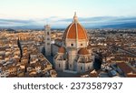 Aerial view of Florence Cathedral (Duomo di Firenze), Cathedral of Saint Mary of the Flower, sunset golden hour, Italy