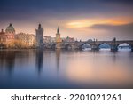 Charles bridge at sunset, peaceful medieval Prague, Czech Republic