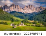 St. Magdalena with famous church in Val di Funes at sunset, Dolomites , Italy