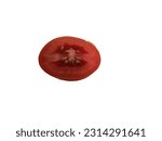 Small photo of Creative concept with tomato. Slice of red tomato isolated on white background. Levity vegetables floating in the air