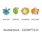 Four seasons icons, signs, symbols. Winter spring summer fall. Snowflake, leaf, sun, autumn leaf. Line art