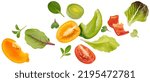 Small photo of Falling vegetables, salad of bell pepper, tomato and lettuce leaves