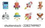 kids toys 3D vector icon set.
portable console,robot toy,rocket,teddy bear,joystick,ufo toy,spaceship,baseball bat
