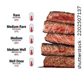 Small photo of Meat cooking levels. Rare, Medium Rare, Medium, Medium good, Well done. The degree of roasting of steaks. Meat cooking temperature