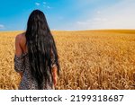 The girl is standing in the field among the wheat. Wheat field. A girl in a dress is standing in a field. Ukraine wheat field.