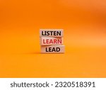 Small photo of Listen Learn Lead symbol. Concept words Listen Learn Lead on wooden blocks. Beautiful orange background. Business and Listen Learn Lead concept. Copy space.
