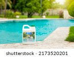 Small photo of Concept of chemical products to purify swimming pools. Swimming pool clarifier, pool purification and cleaning tool. Algaecide product to clarify home swimming pools