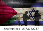 Small photo of Israel vs Palestine flag on cracked wall. Palestine and Israel war concept, silhouette of soldiers in Palestine vs Israel
