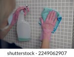 Cleaning lady washing tile wall with detergent and rag. Hygiene, purity, cleanliness concept