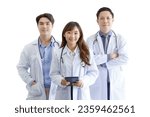 Small photo of Medicine and healthcare concept : Group of happy and cheerful asian doctors Line up, Male and Female are smiling in lobby of hospital.