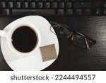 Small photo of Computer screen with programming text, CMD and hand teaching computer processor CPU Physical, keyboard and sleep glasses, remote work, programmer concept, programming.