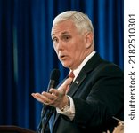 Small photo of PROLE, IOWA - NOVEMBER 3, 2016 Governor Mike Pence the Republican Vice Presidential candidate addresses a rally of 400 supporters that gathered in a barn at the Bruere Seed Farm in Prole this morning
