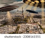 Ufo or alien spaceships flying over Paris and over Eiffel Tower Panoramic aerial view of Paris,