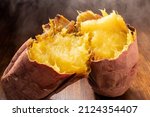 Roasted sweet potato split in two