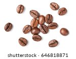 roasted coffee beans on white, top view