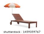 Brown sunbed with two wheels and umbrella isolated on white background