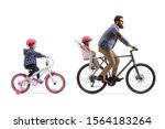Father riding a bicycle with a child seat and a little girl riding a bicycle behind isolated on white background