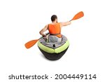 Rear view of a man in a canoe with a life vest and a paddle isolated on white background