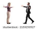 Full length profile shot of a businessman walking towards a young woman with arms wide open isolated on white background