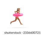 Full length profile shot of a girl in swimsuit running with a pink rubber swimming ring isolated on white background