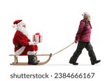 Small photo of Girl pulling a sleight with Santa claus sitting and holding a present isolated on white background