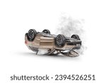 Small photo of Car crash, upside down SUV with smoke and broken windows isolated on white background