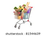 A shopping cart full with various groceries isolated on white background
