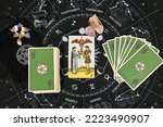 Small photo of tarot spreading two of cups raider wait love reading tarot card in the middle with rose quartz and clear quartz on astrology zodiac sign constellation background