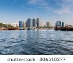 Small photo of DUBAI, UNITED ARAB EMIRATES (UAE) - JAN 26, 2014: View of Deira Dhow Wharfage in Rigga Al Buteen from the Creek in Dubai, United Arab Emirates