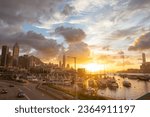Small photo of Causeway Bay, Hong Kong - August 7, 2022: Beautiful sunset at Causeway Bay Typhoon Shelter