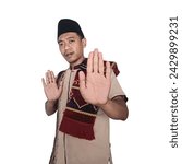 Moslem asian man give stop hand ...