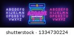 Arcade Games neon sign, bright signboard, light banner. Game logo, emblem and label. Neon sign creator. Neon text edit