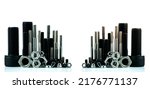 Small photo of Metal bolts and nuts on white background. Fasteners equipment. Hardware tools. Stud bolt, hex nuts, and hex head bolts in workshop. Threaded fastener use in automotive engineering. Hexagonal bolt.
