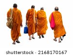 Small photo of Buddhist monks walking isolated. back view of walking people.