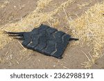 Small photo of Fragment of blown truck tire retread on sandy road shoulder