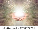 Sending You High Resonance Healing Energy - female cupped hands emerging from a green gold swirling energy field background with shimmering sparkles and white light flowing outwards
                 