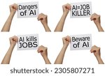 Small photo of Beware of the Dangers of Artificial Intelligence killing jobs - four pairs of hands holding up four placards saying Dangers of AI, AI- JOB KILLER, AI kills JOBs and Beware of AI, isolated on white