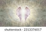 Small photo of Angel Healing spiritual spiral template background - a pair of angelic wings with a burst of white light and a spinning vortex behind on a wispy yellow grey ethereal background with copy space