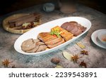 Small photo of Cantonese Style Marinated Meat Platter，Marinated platter (Lo mei platter) marinated pork meat, Foie gras, tofu,braised goose meat - Traditional chinese cuisine food