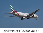 Small photo of Prague, Czech Republic - March 20 2022 Emirates Boeing UAE’s 50th anniversary (UAE Year of the 50th livery) approaching Prague Airport