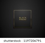 Black Friday luxury banner. Golden text on black square label frame. Dark geometric zigzag pattern background. Vector illustration.