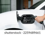 Small photo of Progressive concept of hand insert an emission-free power connector to the battery of electric vehicle at home. Electric vehicle charging via cable from charging station to EV car battery