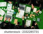 Small photo of Panorama top view of business people planning business marketing with environmental responsibility for greener ecology. Productive teamwork contribute nature preservation and sustainable future.Quaint