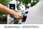 Small photo of Hand insert EV charger and recharge electric car from charging station on nature and travel concept background. Technological advancement of alternative energy sustainability and EV car. Peruse