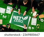 Small photo of Top view panorama banner group of business people planning for alternative net zero energy utilization for greener sustainable Earth with renewable energy technology to reduce CO2 emission. Quaint